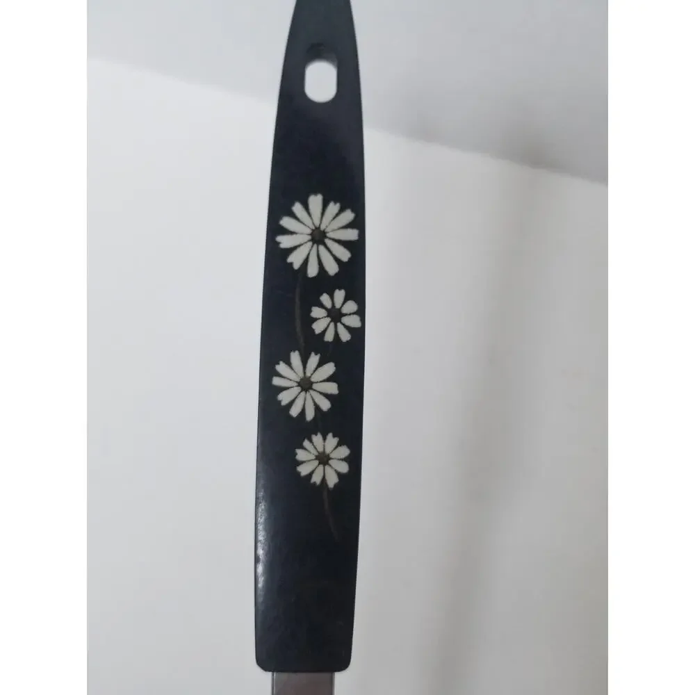 Ekco Stainless USA Black Handle & White Daisy Pattern Slotted Spoon MCM Vtg